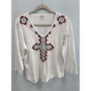 Reba White Embroidered V Neck Top XL Cotton Boho 3/4 Sleeve Festival Artsy